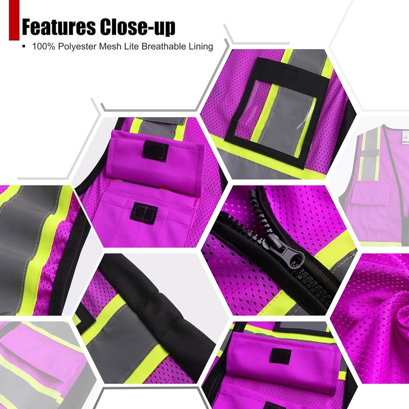HATAUNKI Safety Vest for Women High Visibility Vest with 8 Pockets and Front Zipper Mesh Reflective Vest Meets ANSI/ISEA Standards(Purple-17, Small) - Image 3